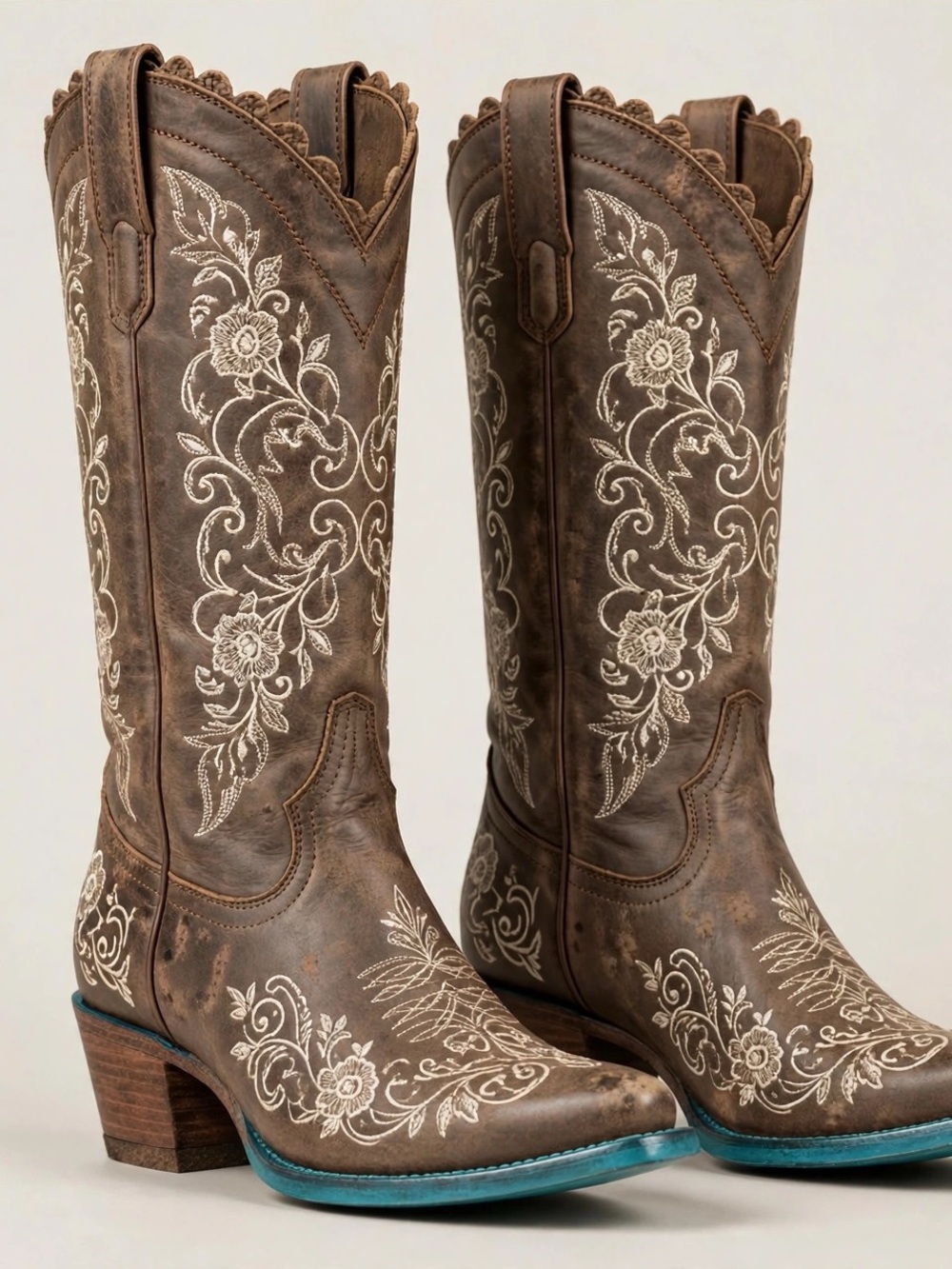 Lane Womens Embroidered Western Cowboy Boots Taupe Brown Size 6 Snip Toe